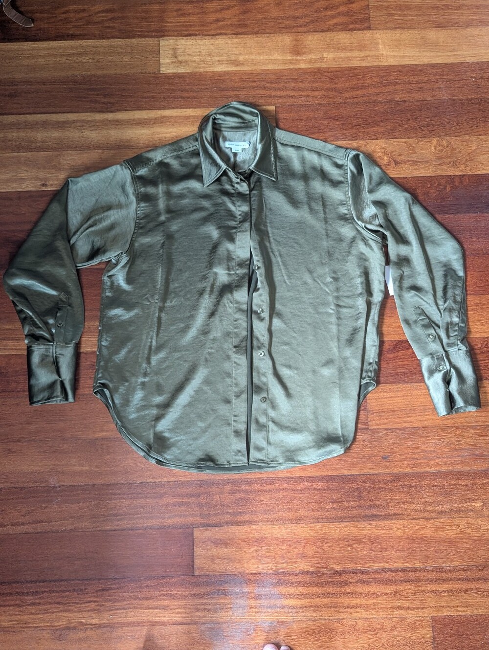 Good American Satin Shine Button-Front Shirt Olive S/M